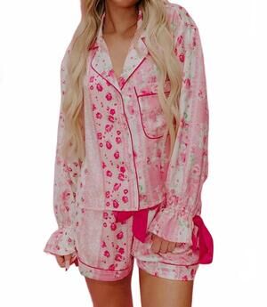 NEW IMPRESSION satin tie two-piece pajama set in pink
